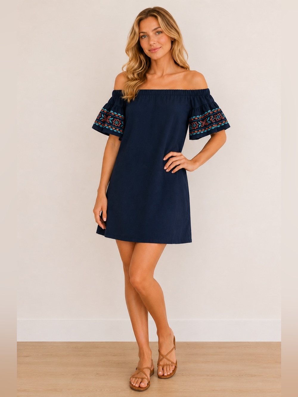 Hayden Navy Off-Shoulder Mini Dress with Embroidered Sleeves